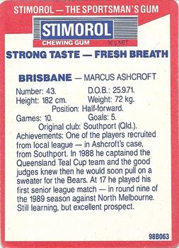 1990 AFL Scanlens Stimorol #112 Marcus Ashcroft Back